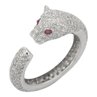 Cluster Diamond Panther Ring With Ruby Gemstone Eyes in 18k Solid White Gold For Sale