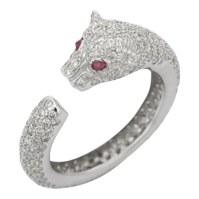 Cluster Diamond Panther Ring With Ruby Gemstone Eyes in 18k Solid White Gold For Sale