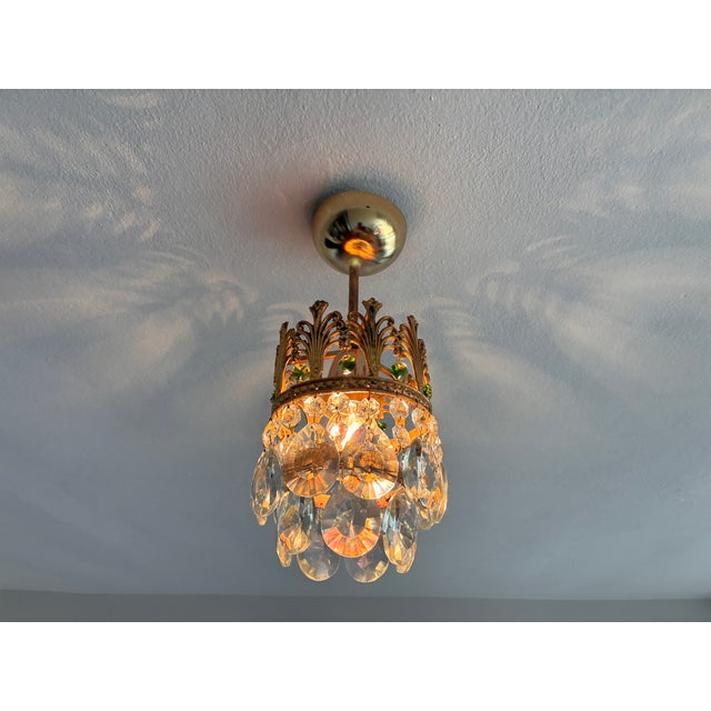 1960s Vintage Small Brass & Emerald Green Crystal Crown Flush Mount – 1 Light For Sale - Image 5 of 18