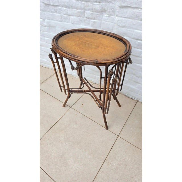 Early 20th Century Antique French Bamboo Side Table Japonisme Aesthetic Movement Oval Rattan Cane Occasional Table Victorian Chinoiserie Furniture For Sale - Image 5 of 17