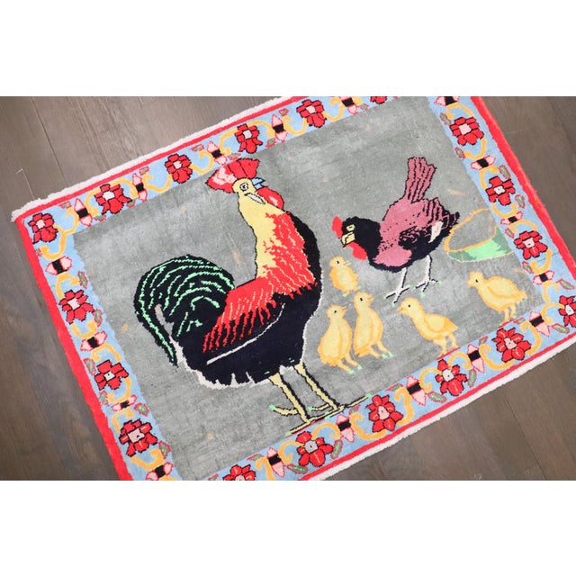Cotton Persian Pictorial Rooster Bird Rug no. j4659 For Sale - Image 4 of 5
