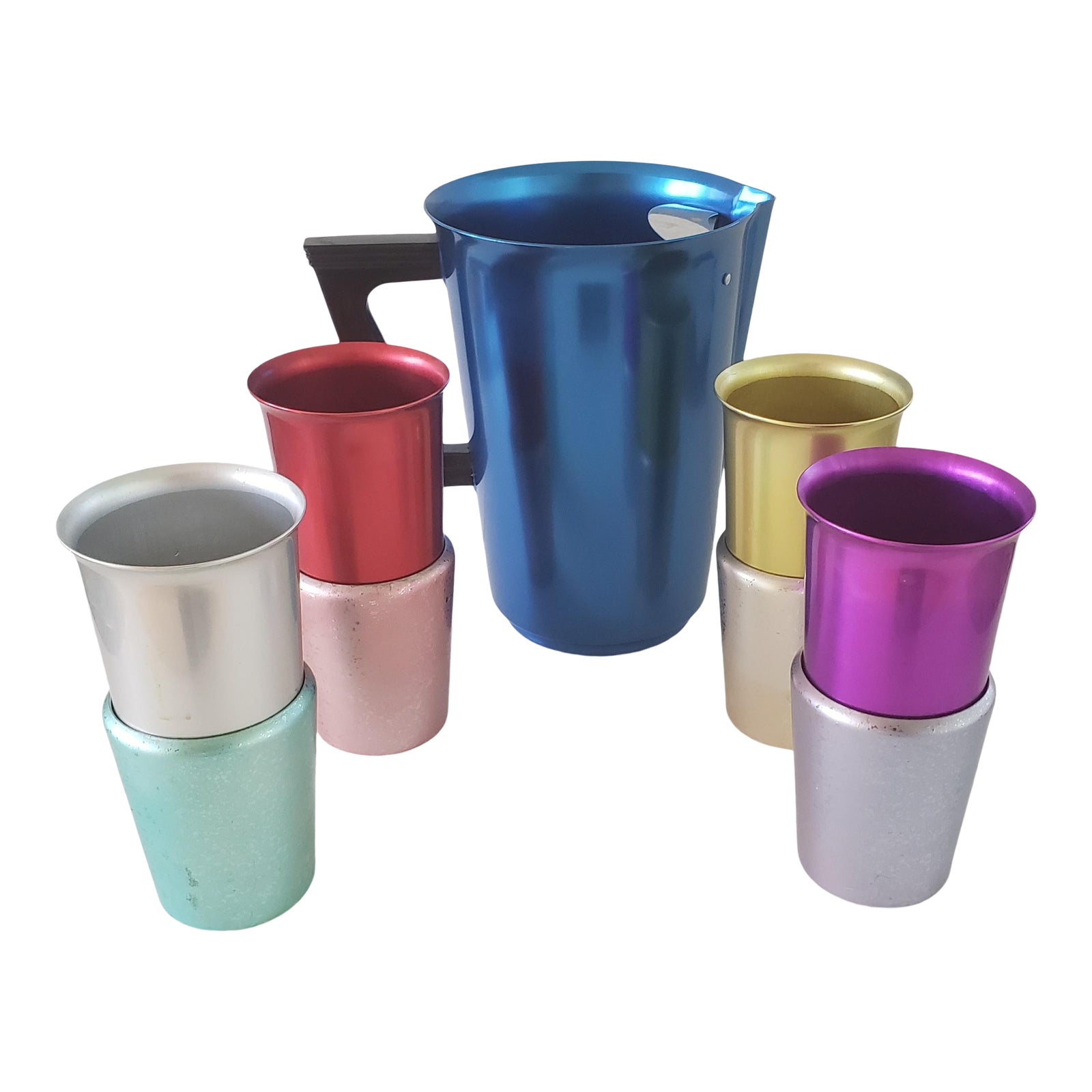 Vintage MidCentury Modern Anodized Colored Aluminum Pitcher, Tumblers