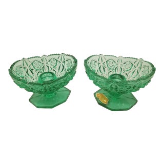 Vintage John E. Kemble Green Cut Glass Hurricane Candlestick Holders- a Pair For Sale