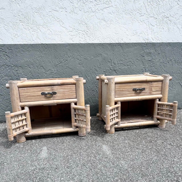 Late 20th Century Boho Chic Chunky Bamboo Wicker Nightstands - A Pair For Sale - Image 5 of 12