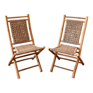 Italian Wood and Cord Woven Rope Folding Chairs - a Pair For Sale