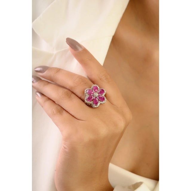 Handcrafted 925 Siver Oval Cut Ruby & Halo Diamond Flower Cocktail Ring - Size 6.5 For Sale - Image 6 of 10