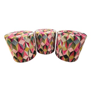 Custom Upholstered Ottomans in “Geometrica 04” Textile by Pacific Seasons (Set of 3) For Sale