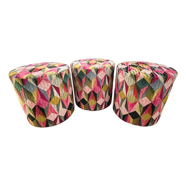 Custom Upholstered Ottomans in “Geometrica 04” Textile by Pacific Seasons (Set of 3) For Sale