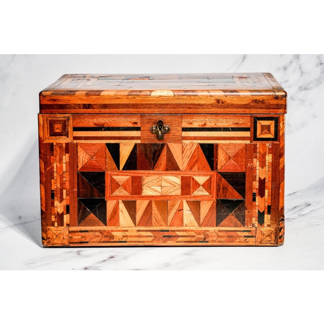 Victorian Impressive Large Inlaid Wood Pattern Antique Victorian 19th Century Box With Key Home Decor For Sale - Image 3 of 15