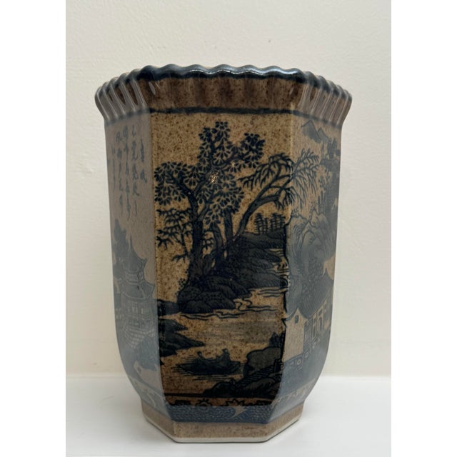 Mid 20th Century Vintage Chinoiserie Landscape Scene Glazed Ceramic Hexagon Vase, Taupe & Black For Sale - Image 5 of 12