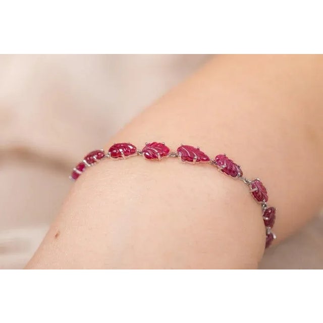 Metal Leaf Carved Ruby and Diamond Bracelet in 18k White Gold, 4.3ct Ruby, USAMade For Sale - Image 7 of 16