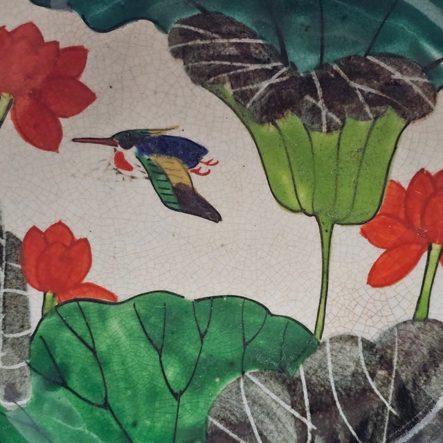 Vintage Japanese Kyo-Yaki Style Crackle Glaze Lotus Bird Bowl 7.5" For Sale - Image 9 of 10