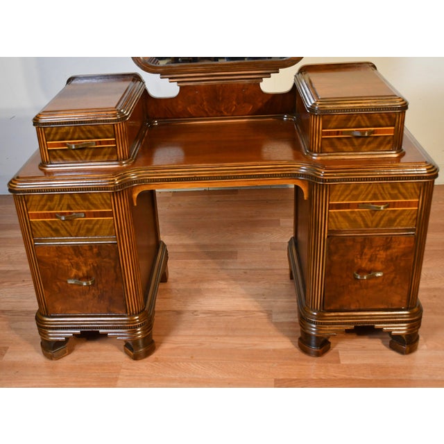 Art Deco 1950s Vintage Art Deco Walnut Inlaid Vanity and Mirror / Makeup Table For Sale - Image 3 of 16