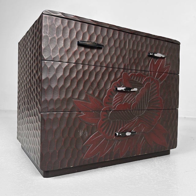 Beautiful vintage Japanese haribako with four drawers – a traditional wooden sewing box from the 1980s. Dimensions: Height...