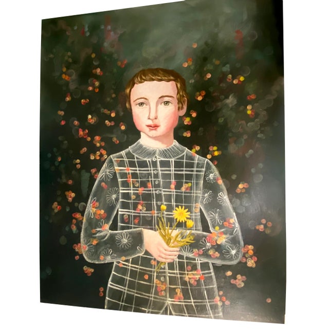 Boy with Calen, Anne Siems, Surreal Figurative Painting, Boy with Flowers, 2017 For Sale - Image 3 of 7