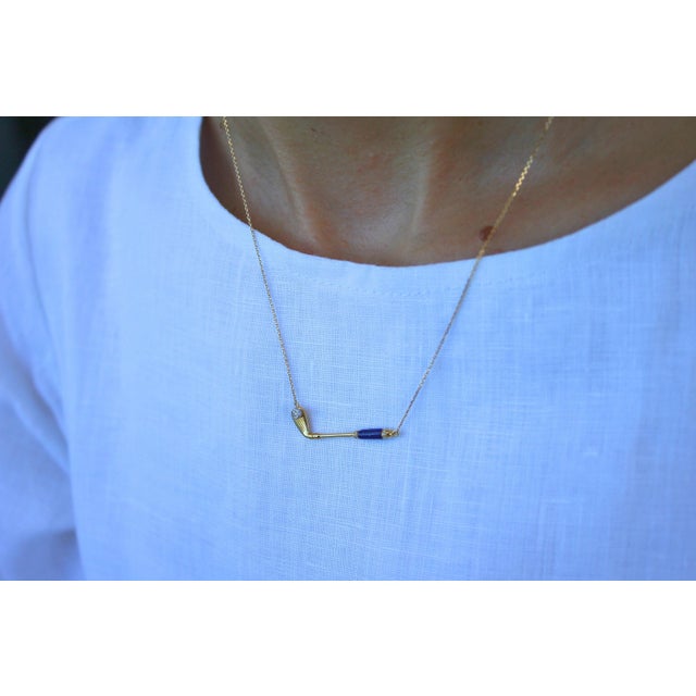Blue Diamond Blue Lapis Lazuli Golf Club Birdie Jewelry 18 Karat Yellow Gold Charm Pendant Necklace For Sale - Image 8 of 10