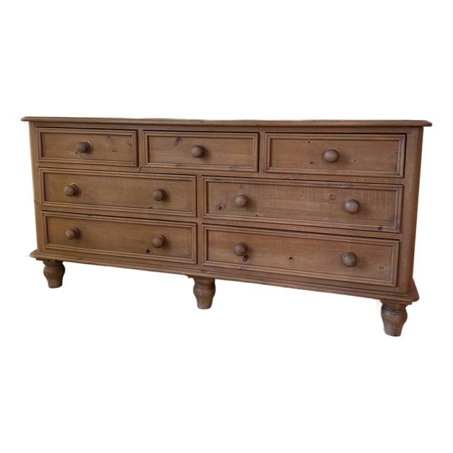 Vintage English Country Pine 7-Drawer Long Dresser With Turned Feet For Sale