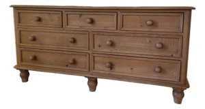 Vintage English Country Pine 7-Drawer Long Dresser With Turned Feet