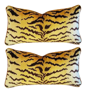 Designer Italian Scalamandré Le Tigre (Tiger) & Mohair Pillows 23" X 13" - Pair