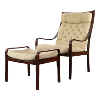Mid Century Modern Bentwood Lounge Chair with Ottoman in Rosewood and Original Fabric made in Denmark - 2 Pieces For Sale