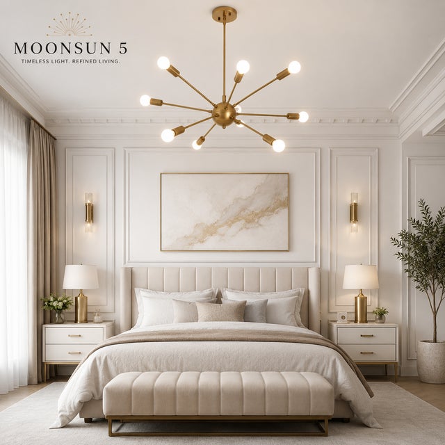 Modern Brass Chandelier With 8 Arms, Contemporary Lighting Fixture, Ceiling Light, Living Room or Dining Room Decor, Stylish and Elegant For Sale - Image 15 of 16
