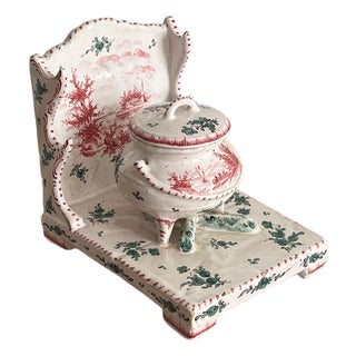 Antique French Faience Inkwell: Sceaux Pottery Cauldron with Pen Cradles For Sale