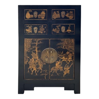 Vintage Oriental Distressed People Golden Graphic Black Side Table Cabinet For Sale