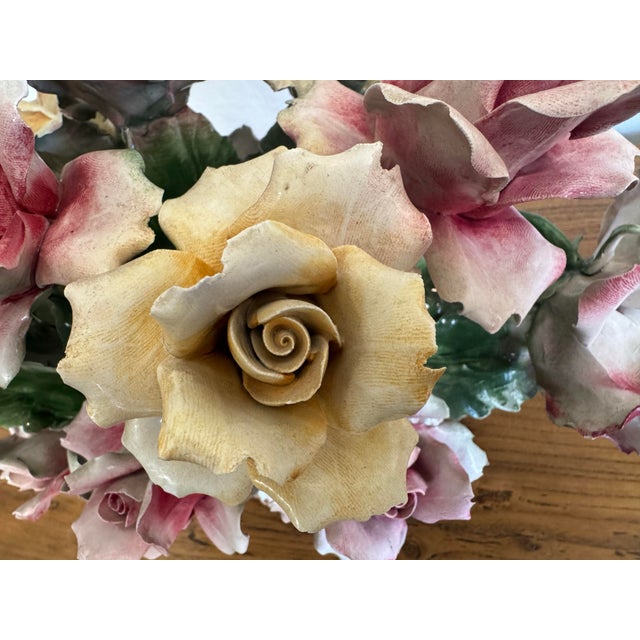 1960's Capodimonte Italian Porcelain Rose Flower Basket Centerpiece, Footed Rococo Floral Bouquet Sculpture For Sale In San Francisco - Image 6 of 11