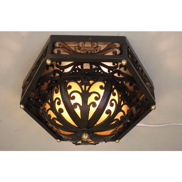 1950s Spanish Revival Mica Wrought Iron Brass Elaborate Octagon Light Ceiling Lamp For Sale - Image 4 of 11