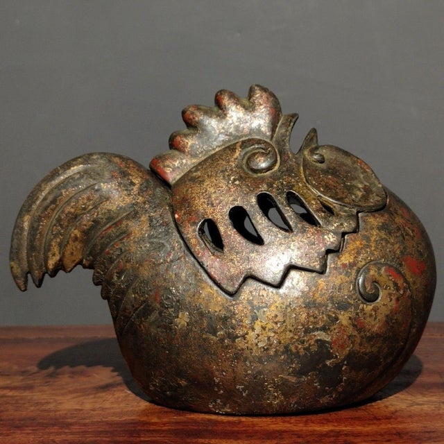Early 21st Century Antiqued Bronze Rooster Incense Burner - Chinese Gilt Metal Bird Sculpture For Sale - Image 5 of 9