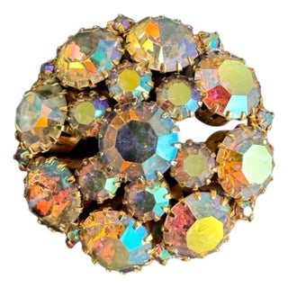 Vintage Aurora Borealis Rhinestone Brooch Ab Crystal Pin Attributed to Weiss For Sale