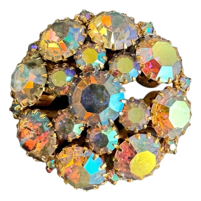 Vintage Aurora Borealis Rhinestone Brooch Ab Crystal Pin Attributed to Weiss For Sale