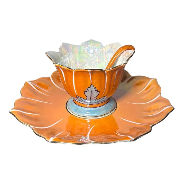 1920’s Japanese Art Deco Noritake Morimura Bros. Lustreware Porcelain Lotus Form Leaf Motifs Condiment Bowl Three-Piece Set With Ladle & Underplate For Sale