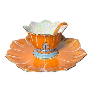 1920’s Japanese Art Deco Noritake Morimura Bros. Lustreware Porcelain Lotus Form Leaf Motifs Condiment Bowl Three-Piece Set With Ladle & Underplate