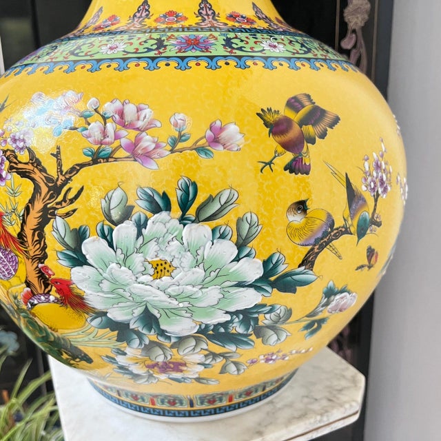 1980s yellow temple vase // Chinoiserie // yellow ceramic vase // floral vase // birds and flowers // enamel // oversized vase For Sale - Image 4 of 10