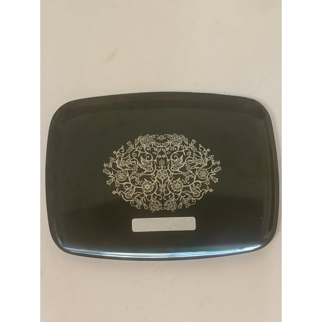 Mid 20th Century Silver Bird and Floral Inlay Black Couroc Tray For Sale In Palm Springs - Image 6 of 6