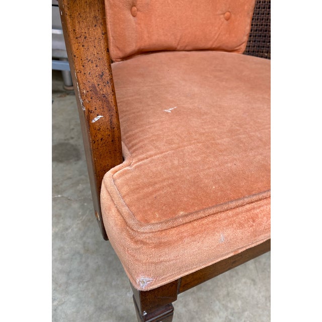 Vintage Dusty Rose Upholstered Cane Back Barrel Accent Chair For Sale - Image 10 of 11
