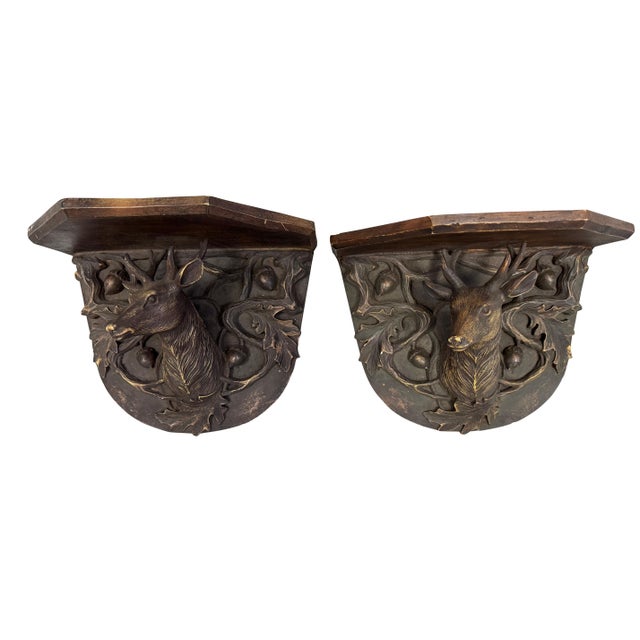 Mid 20th Century Mid 20th Century Black Forest Style Wall Shelves Featuring Stag Heads and Acorns - A Pair For Sale - Image 5 of 18