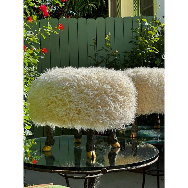 Ivory Round Stool / Ottoman With Hand Carved and Patinated / Gilt “Sheep” Legs & Faux “Lambswool” Washable Upholstery/ Everage Design Workshop Made to Order For Sale - Image 8 of 8