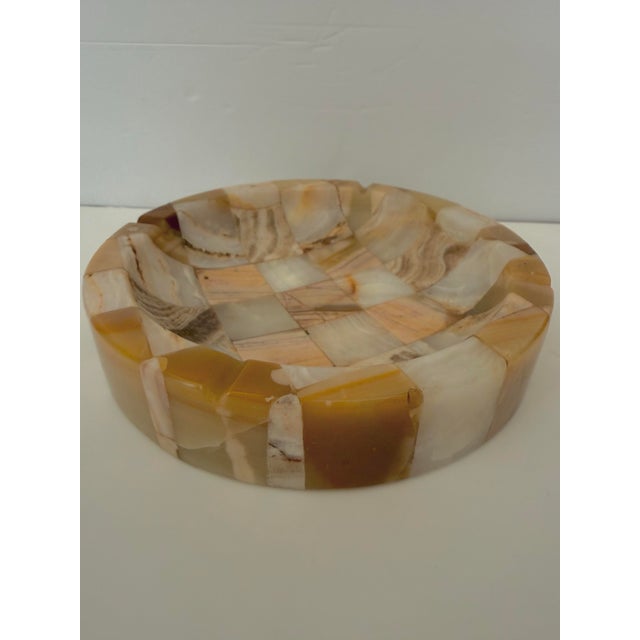 Warn shades of honey onyx define this oversized vintage checkerboard pattern ashtray. Can be used as a catchall. Solid and...