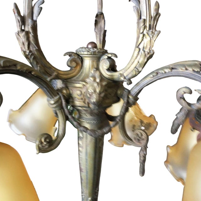 1900s Louis XVI Style Scrolling Bronze Belle Époque Six-Light Chandelier W/ Shades For Sale - Image 12 of 15