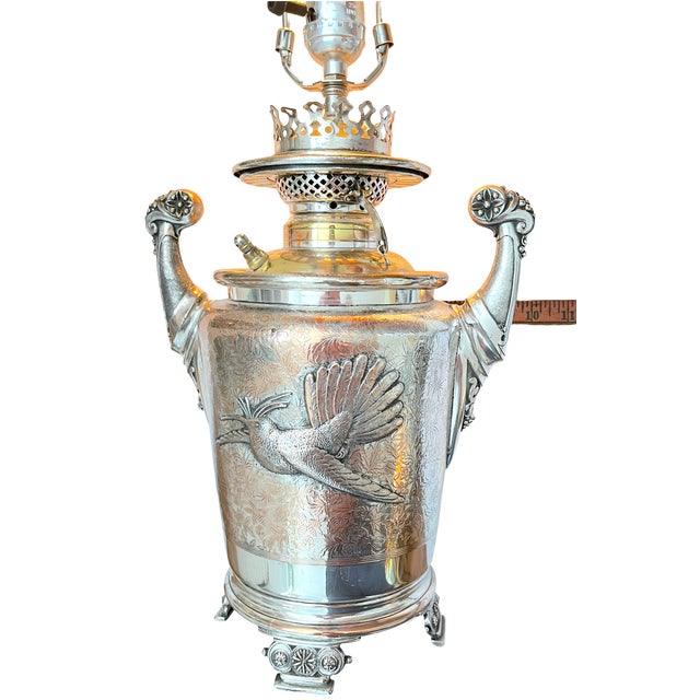 Antique Late 19th Century Silver-Plated Oil Lamp Converted to Table Lamp With Bird & Floral Decoration, 23" For Sale - Image 13 of 14
