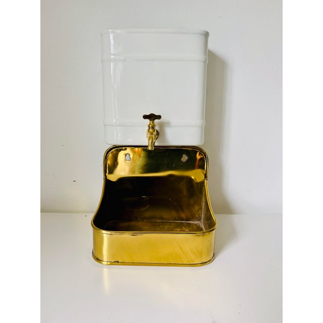 Antique French Wall Mount Lavabo Font and Basin Wall Fountain, Ironstone and Brass. For Sale - Image 9 of 12
