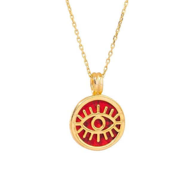 Contemporary Coral & Gold Round Evil Eye Pendant Talisman Necklace For Sale - Image 3 of 9