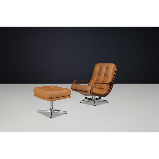 Set of Swivel Lounge Chair and Ottoman in Cognac Leather attributed to Eugen Schmidt, Germany, 1970s, Set of 2 For Sale - Image 10 of 16
