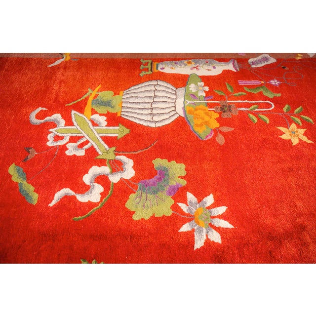 1920s Red Field Modern Floral Antique Chinese Knotted Wool Art Deco Carpet Rug For Sale - Image 9 of 11