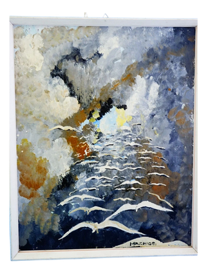 After Michela Marchiotti, Landscape with Seagulls, 20th Century, Oil Painting on Canvas, Framed