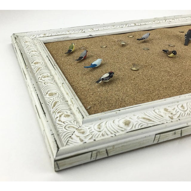Artisan crafted and hand painted wood birds used as a thumbtack are beautiful on this vintage cork board. Unique and very...
