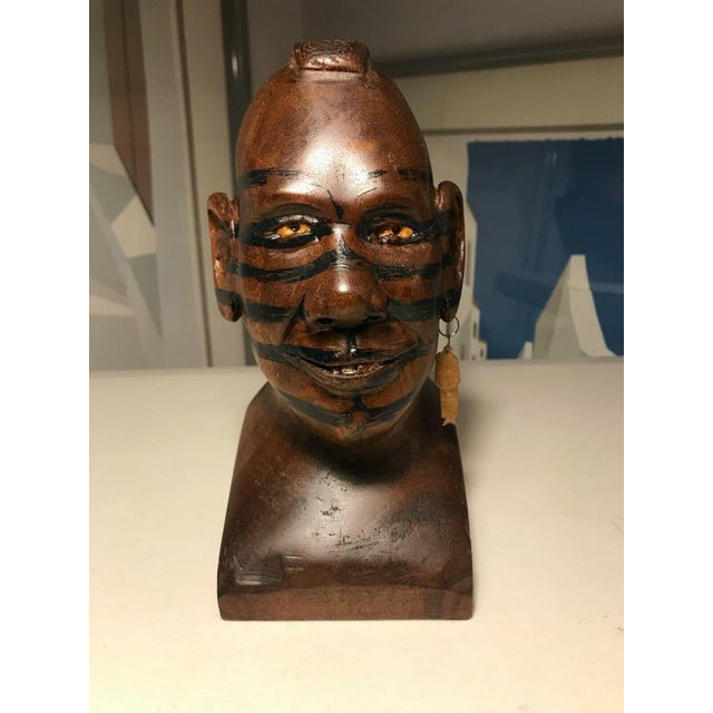 Native American Rare Vintage Hand Carved Wooden Bust of a Native American Tribal Man 7.5" For Sale - Image 3 of 6