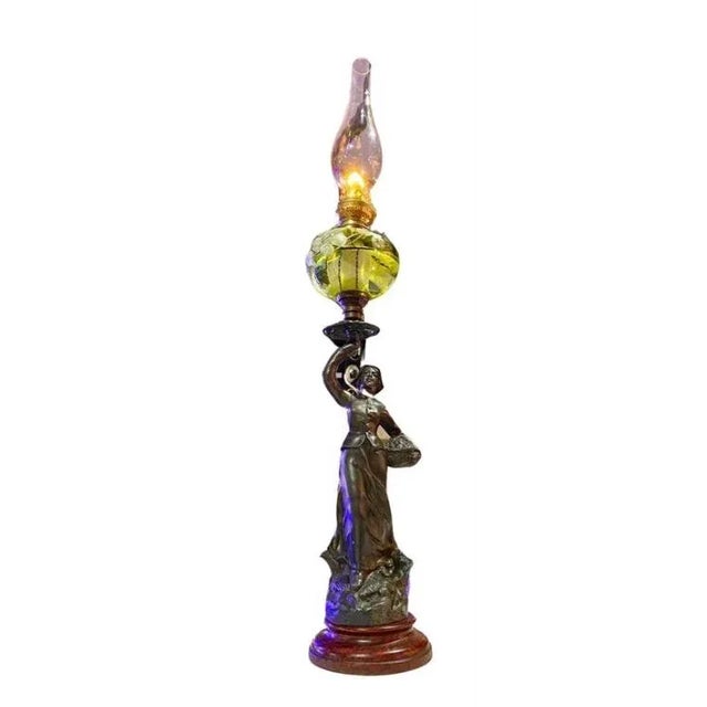 Important 19th century French Art Nouveau oil torchiere lamp with hand painted floral green glass shade and glass chimney,...